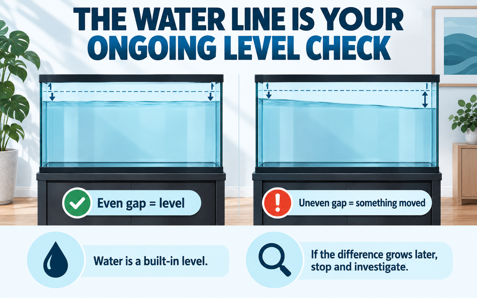Infographic showing how the aquarium water line acts as an ongoing level check once the tank is filled.
