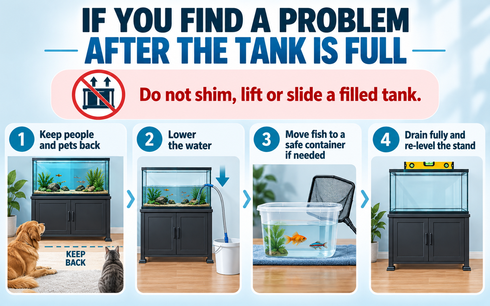Aquarium safety infographic showing what to do if a leveling problem is found after the tank is full: stop, lower water, drain and re-level.