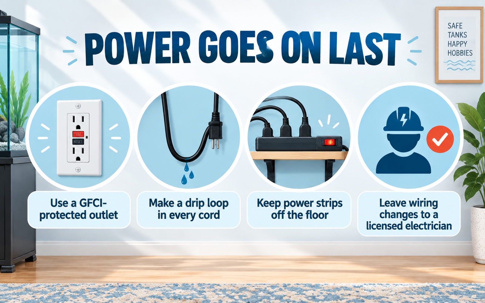 Aquarium electrical safety infographic covering GFCI protection, drip loops and keeping power strips away from water after setup.