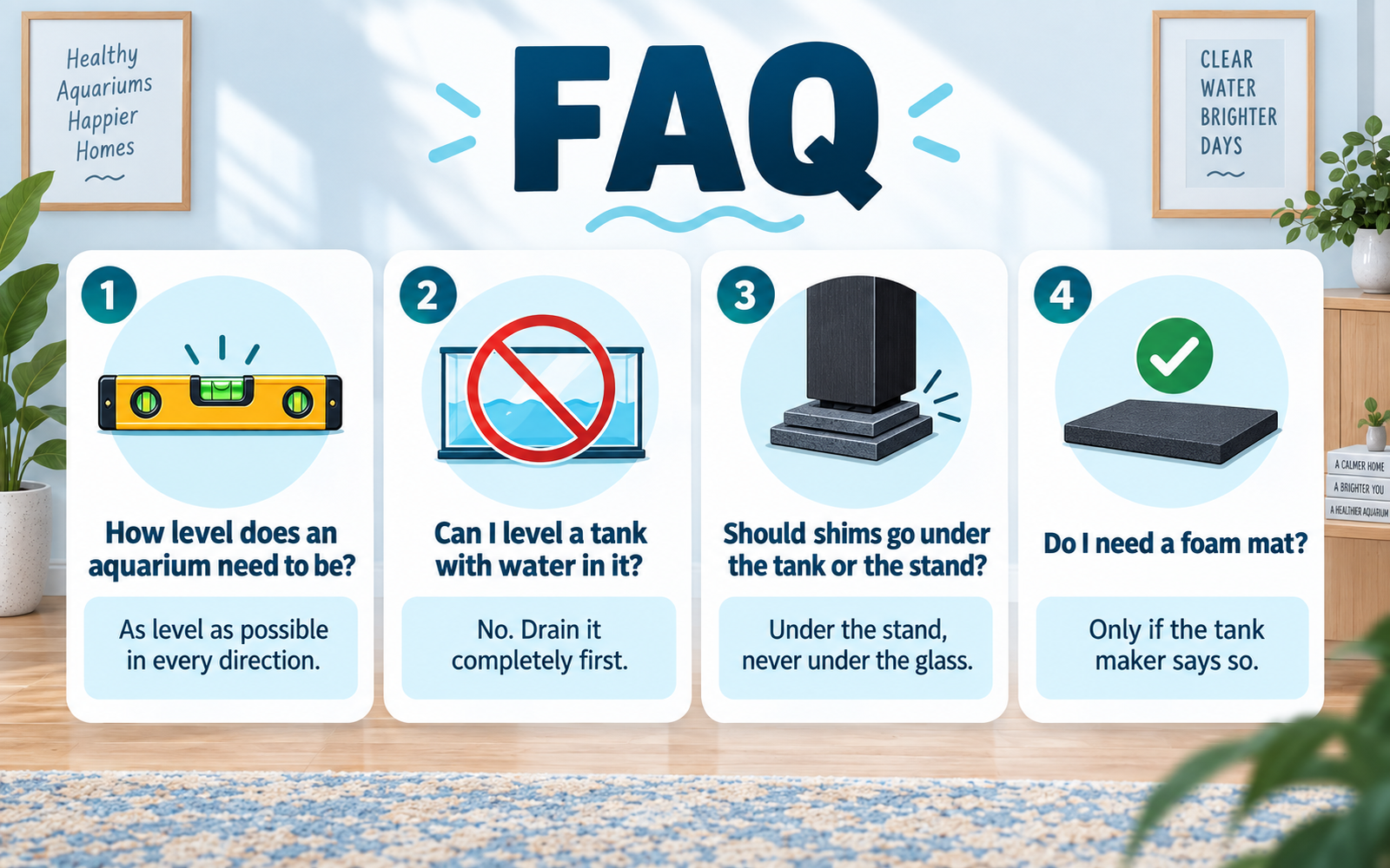 FAQ infographic answering common questions about aquarium leveling, shims, foam mats and whether a filled tank can be adjusted.