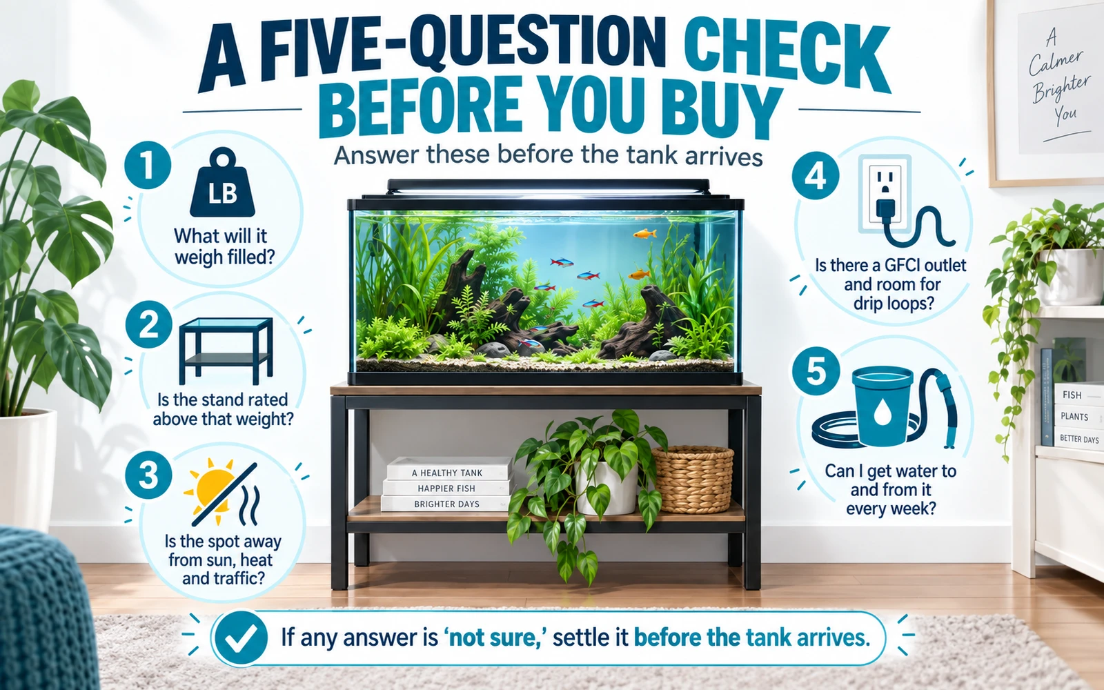 Checklist infographic with five questions to answer before buying a first aquarium, covering weight, floor, placement, power and weekly water access.