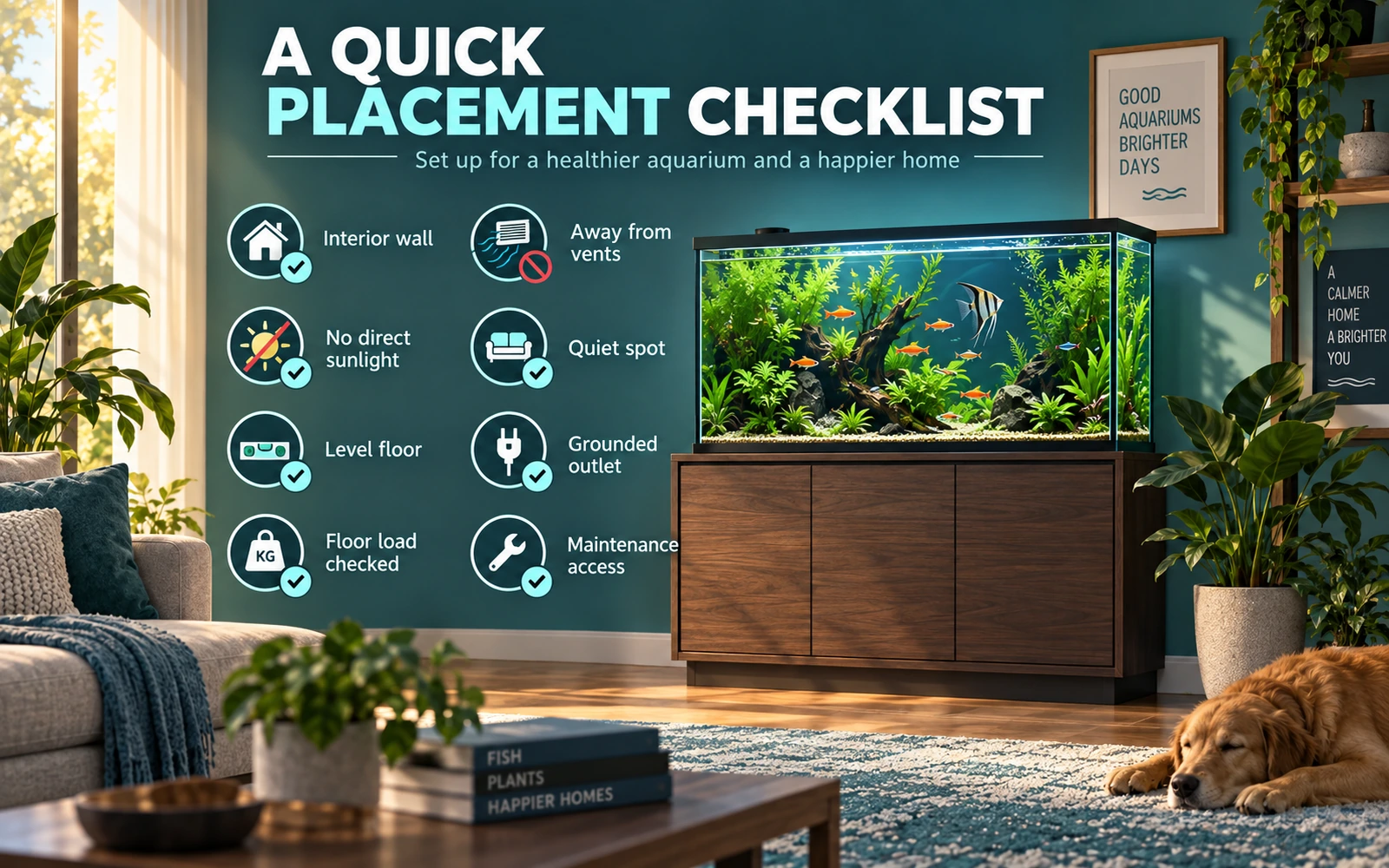 Aquarium placement checklist infographic covering interior wall, no direct sunlight, level floor, floor load, vents, quiet location, grounded outlet and maintenance access.