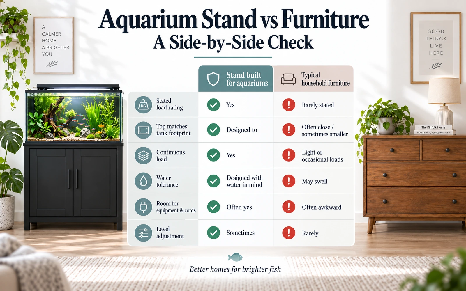 Comparison infographic showing the differences between aquarium stands and typical household furniture in load rating, footprint, continuous load, water tolerance and usability.