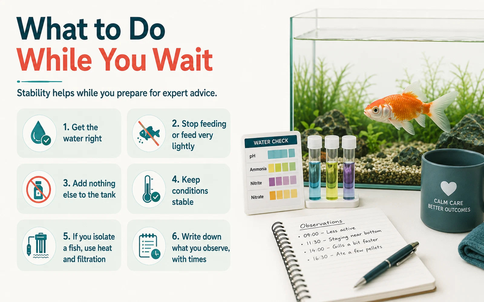 Infographic listing the safe immediate steps to take while waiting for fish-veterinary advice, including testing water, feeding lightly and avoiding extra treatments.