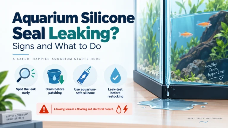 Featured infographic about an aquarium silicone seal leak, showing a leaking tank corner and key actions: spot the leak early, drain before repair, use aquarium-safe silicone, and leak-test before restocking.