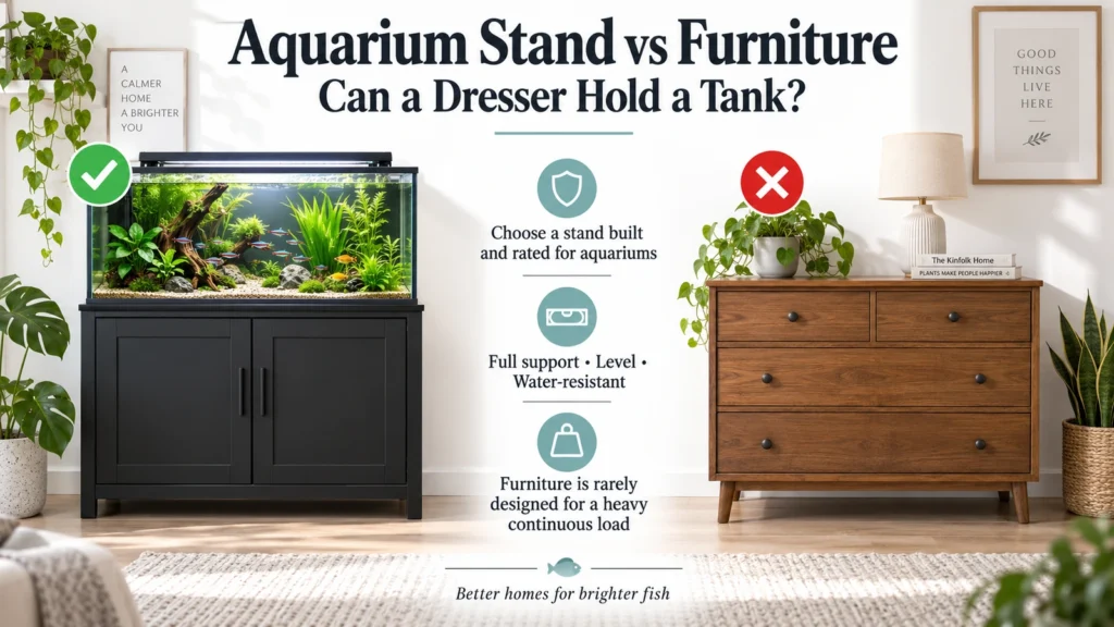 Featured aquarium infographic comparing a purpose-built aquarium stand with a household dresser and explaining why a rated stand is the safer choice.