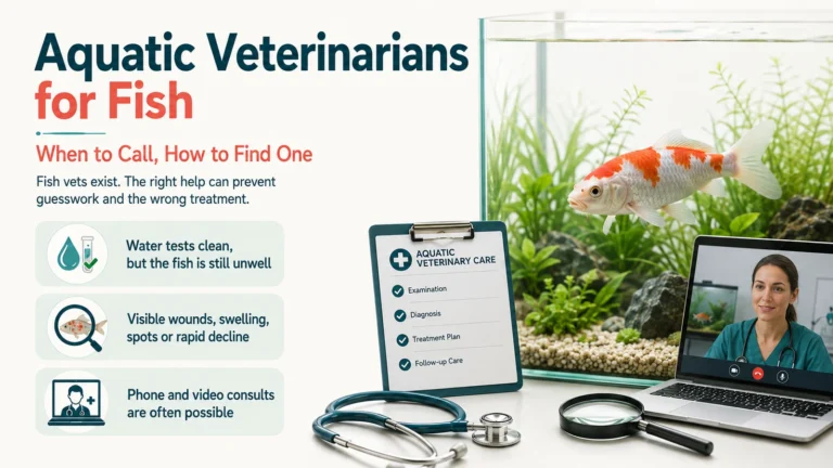 Featured infographic showing an aquarium, fish, remote veterinary consultation and key reasons to contact an aquatic veterinarian.