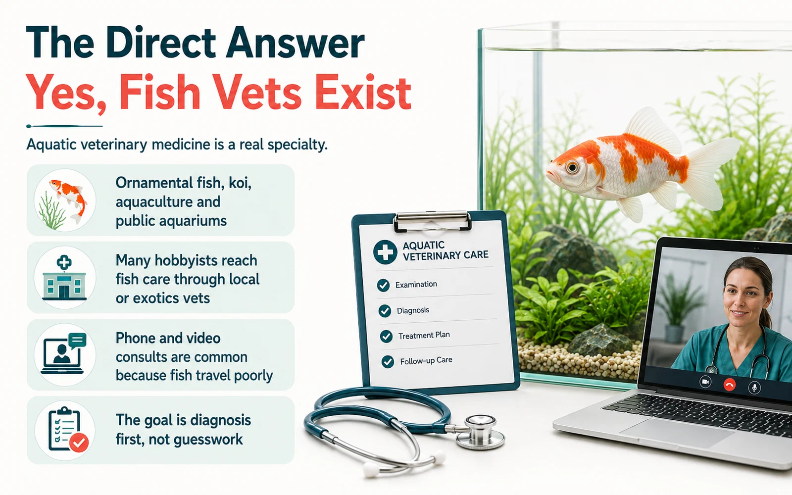 Infographic explaining that aquatic veterinary medicine is a real specialty serving ornamental fish, koi, aquaculture and public aquariums.