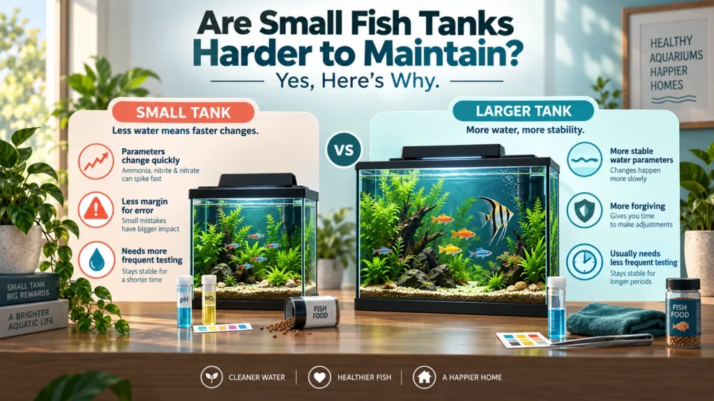 Featured infographic comparing small and larger aquariums and explaining why small fish tanks are chemically less forgiving even though they can be physically easier to maintain.