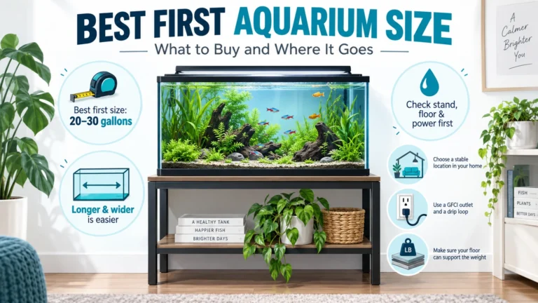Featured aquarium infographic explaining the best first aquarium size, why 20 to 30 gallons suits many beginners, and how placement and weight affect the decision.