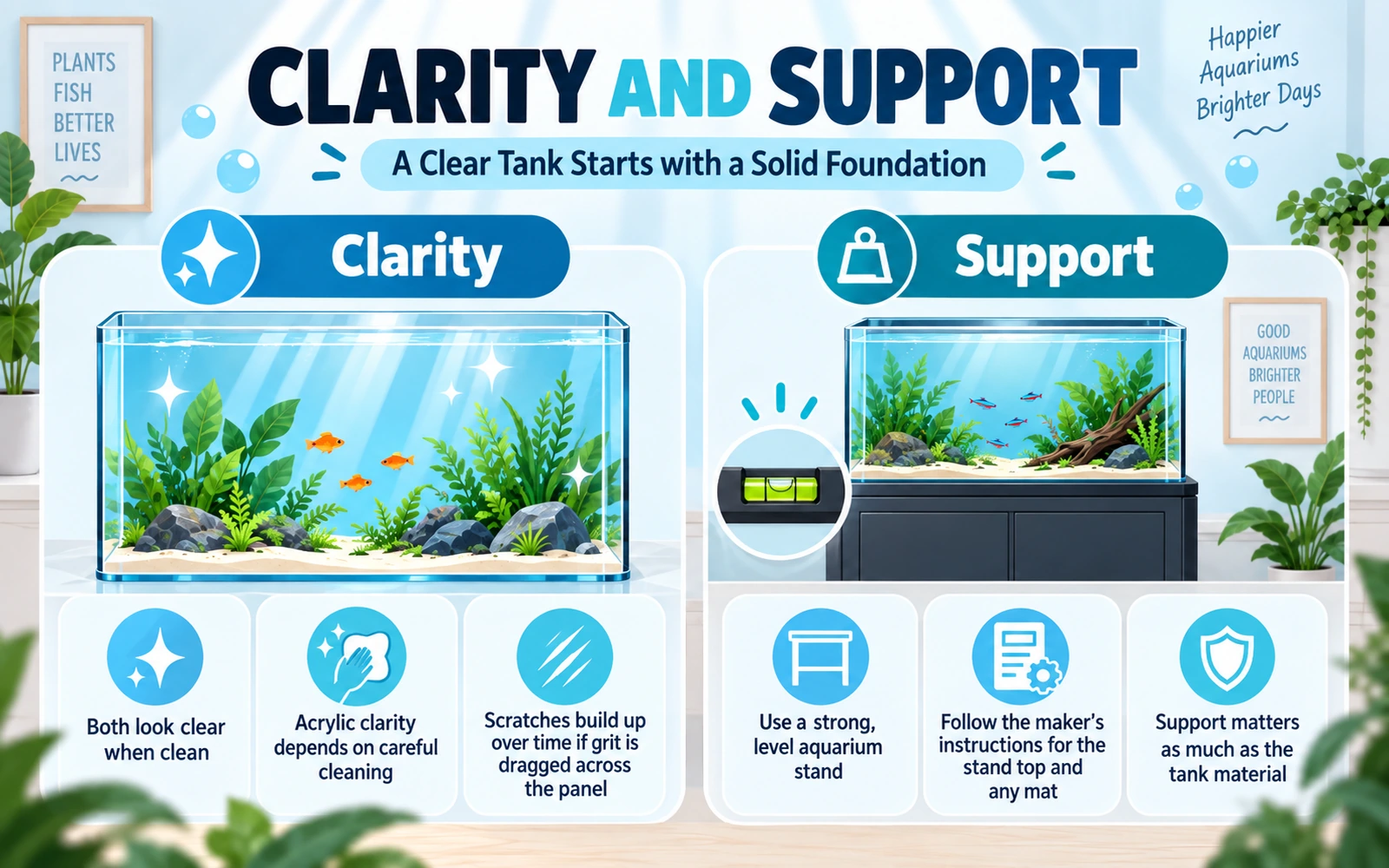 Infographic explaining aquarium clarity and support, including how acrylic cleaning affects clarity and why a strong level stand matters.