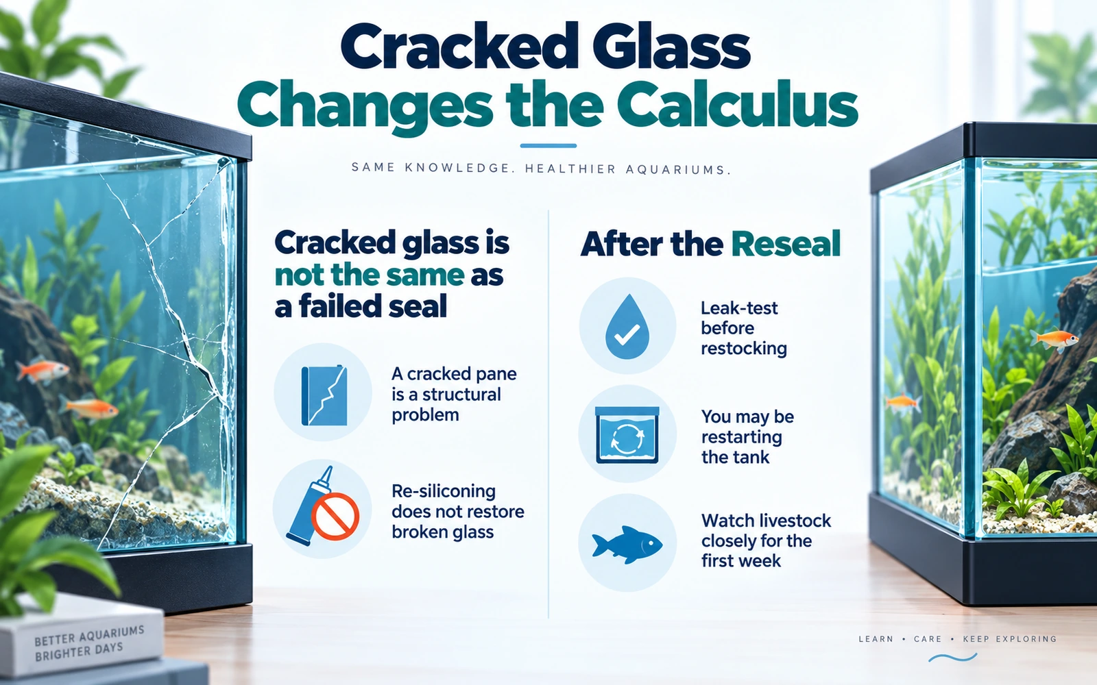 Infographic explaining that cracked aquarium glass is a structural problem, not the same as a failed seal, and summarizing safe steps after a reseal before restocking.