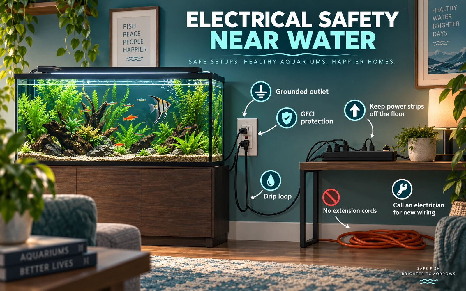 Infographic showing aquarium electrical safety with grounded outlets, GFCI protection, drip loops, elevated power strips and no extension cords.