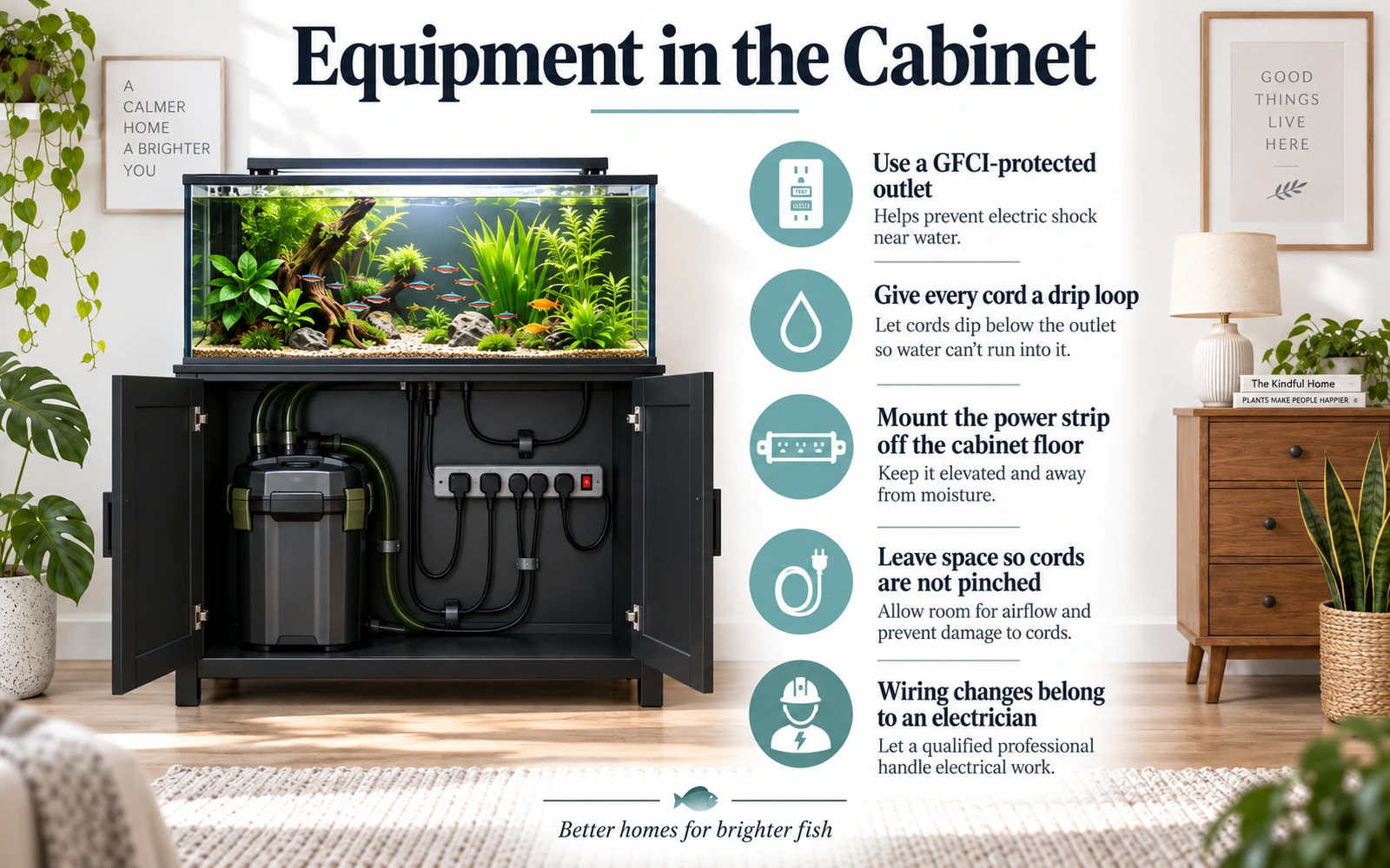 Electrical safety infographic for aquarium cabinets covering GFCI outlets, drip loops, elevated power strips, cable clearance and electrician-only wiring changes.