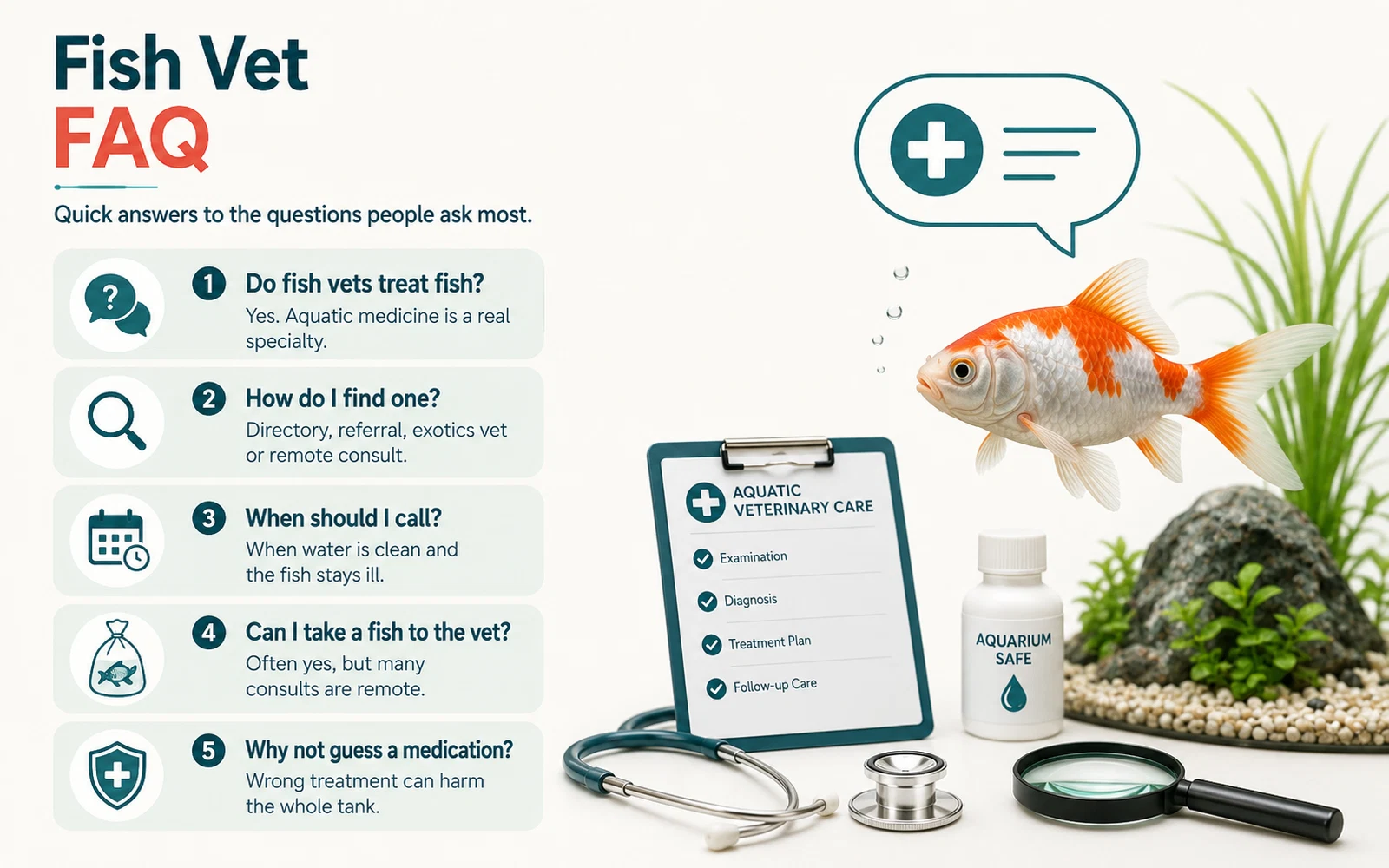 FAQ infographic with quick answers about whether fish vets exist, how to find one, when to call, transport questions and why this site avoids dosing advice.