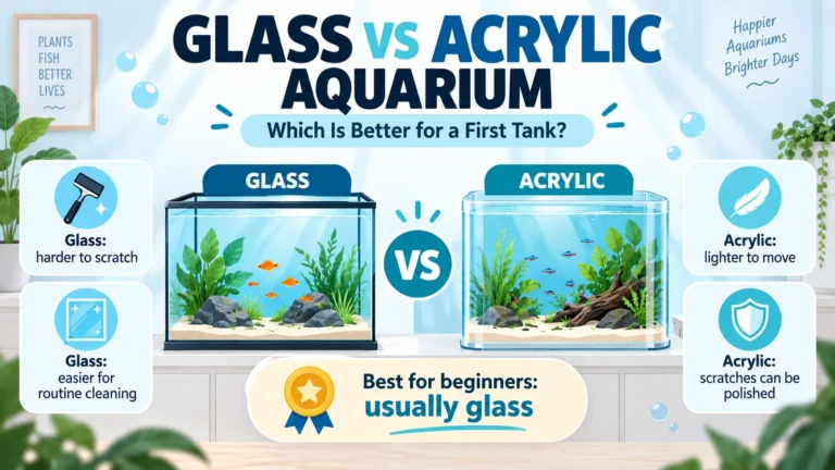 Featured infographic comparing glass and acrylic aquariums for a first tank, highlighting scratch resistance, weight and beginner-friendly differences.