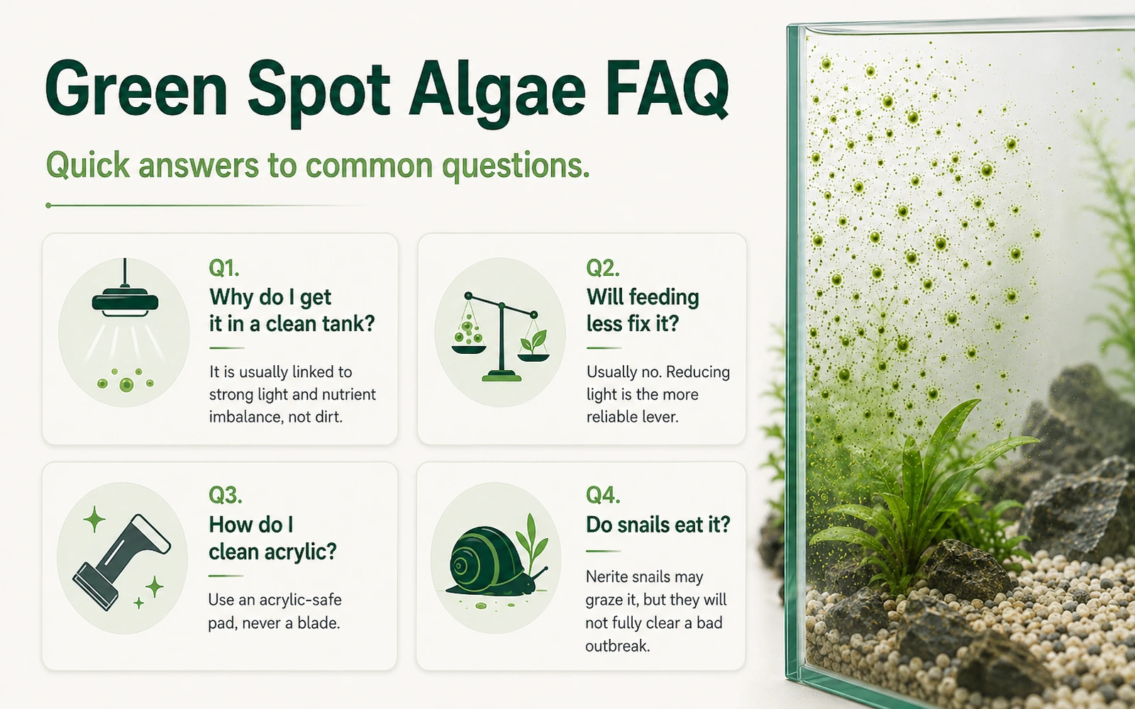 Minimalist aquarium FAQ infographic answering common questions about green spot algae, acrylic cleaning, and nerite snails.