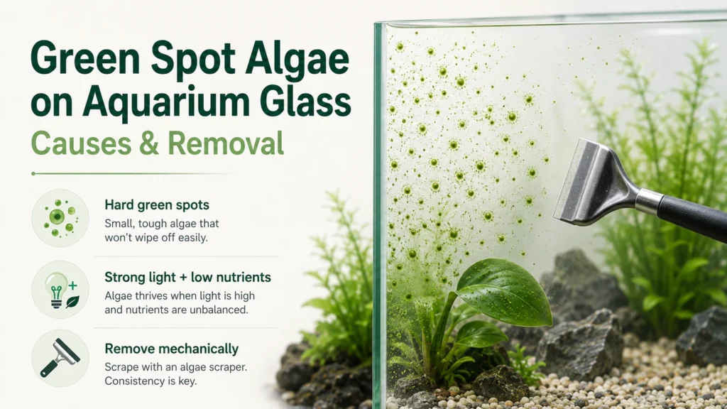 Featured minimalist aquarium infographic showing green spot algae as hard green spots on aquarium glass and a scraper removing them.