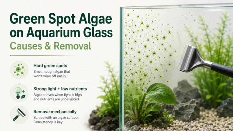 Featured minimalist aquarium infographic showing green spot algae as hard green spots on aquarium glass and a scraper removing them.
