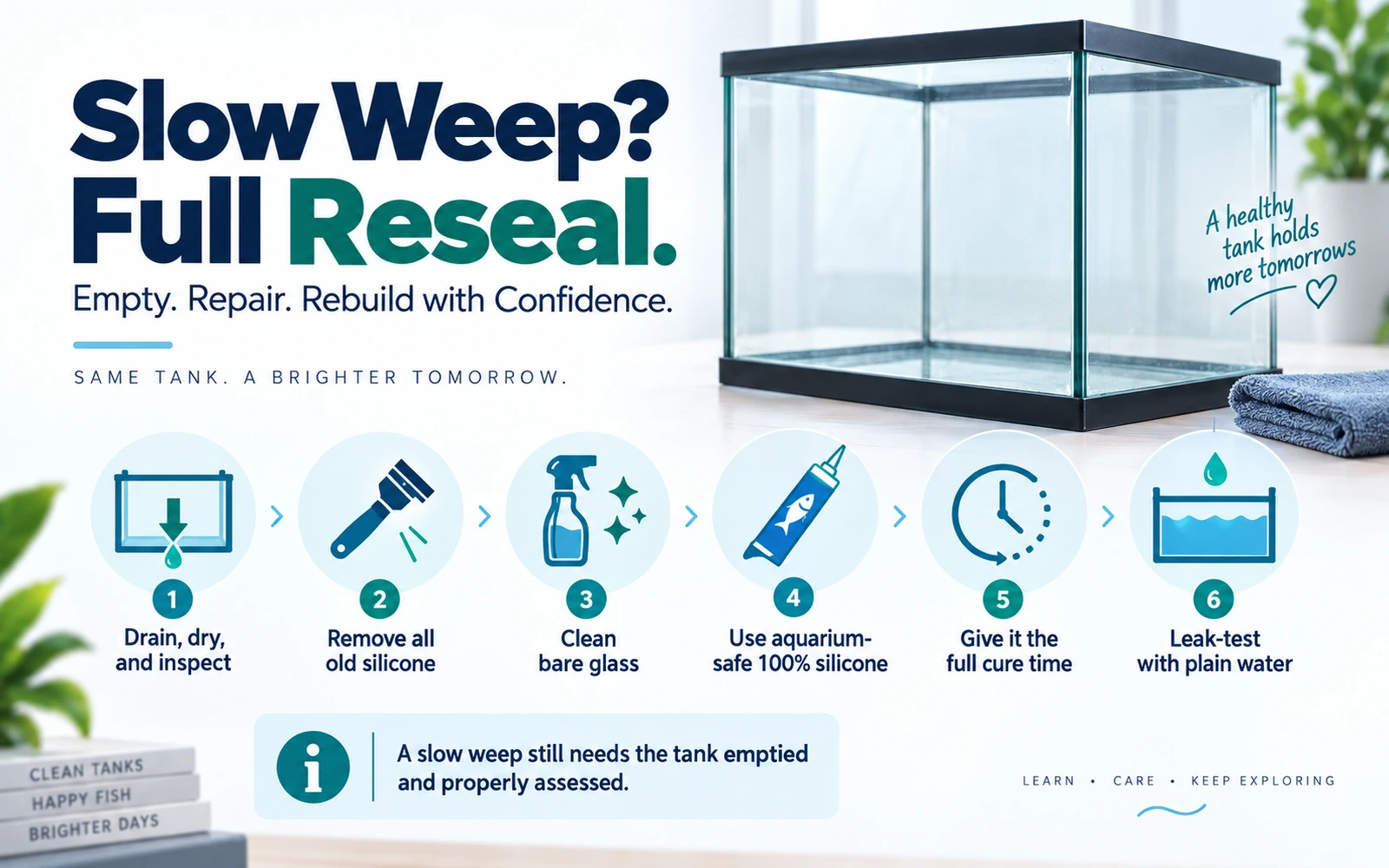 Aquarium resealing infographic showing the correct sequence: drain and dry, remove old silicone, clean bare glass, apply aquarium-safe silicone, allow full cure time, and leak-test with plain water.