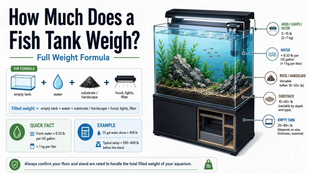 Featured aquarium infographic showing the full fish tank weight formula with water, substrate, hardscape, equipment and a 55 gallon example.