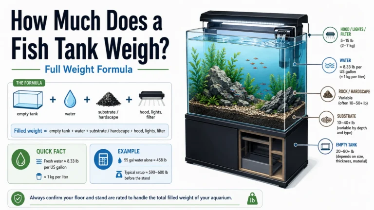 Featured aquarium infographic showing the full fish tank weight formula with water, substrate, hardscape, equipment and a 55 gallon example.
