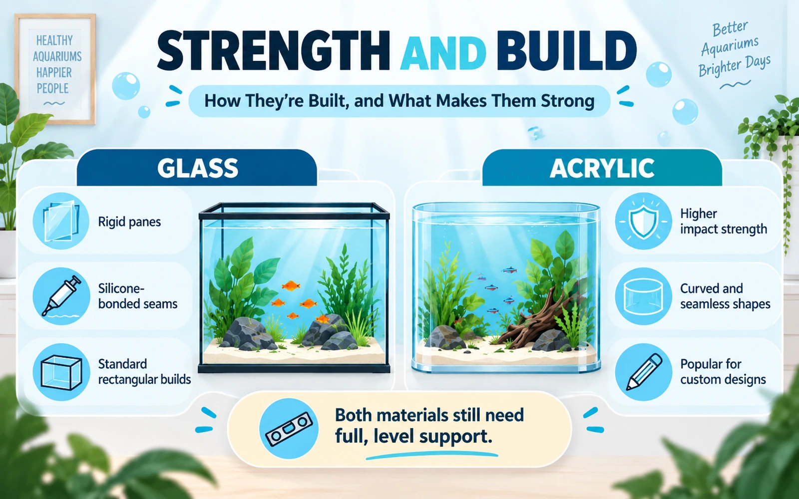 Infographic comparing how glass and acrylic aquariums are built, including rigid glass panes, silicone seams, curved acrylic shapes and impact strength.
