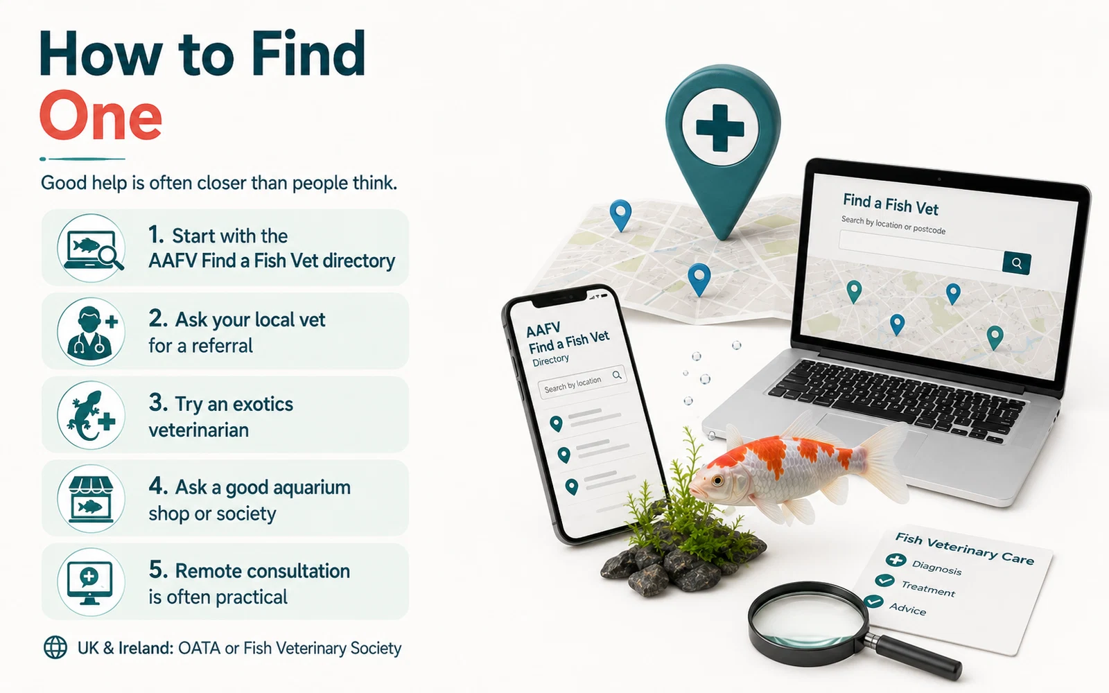 Infographic showing practical ways to find a fish veterinarian through directories, local vets, exotics vets, aquarium shops, societies and remote consultation.