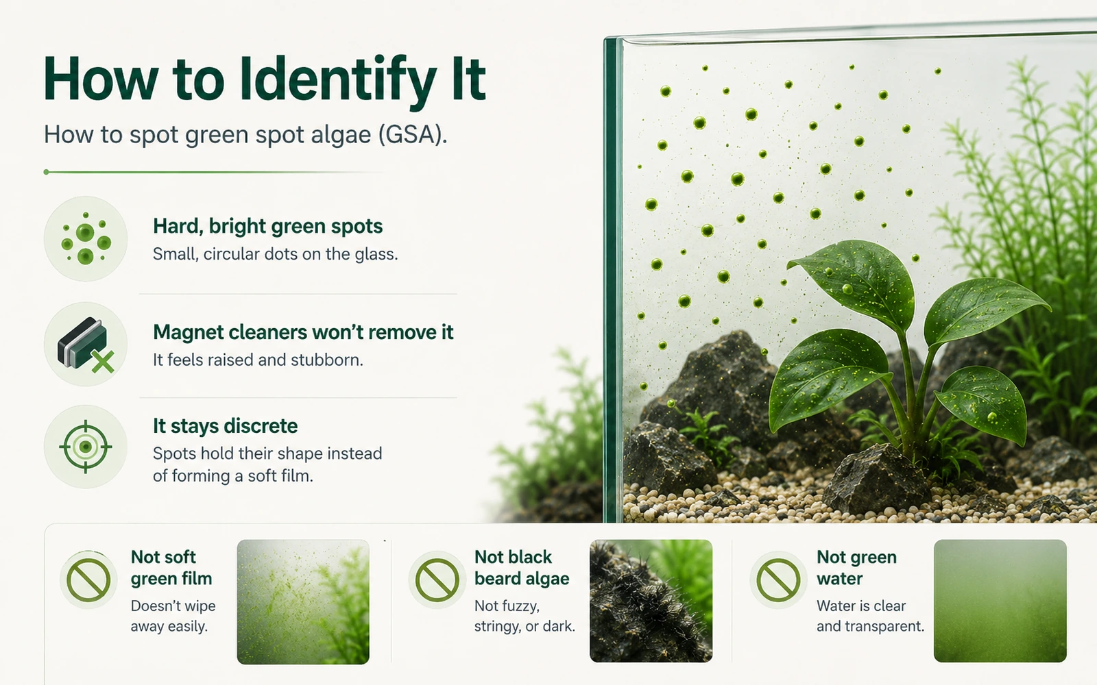 Minimalist aquarium infographic identifying green spot algae by its hard bright green spots and comparing it with soft green film, black beard algae, and green water.