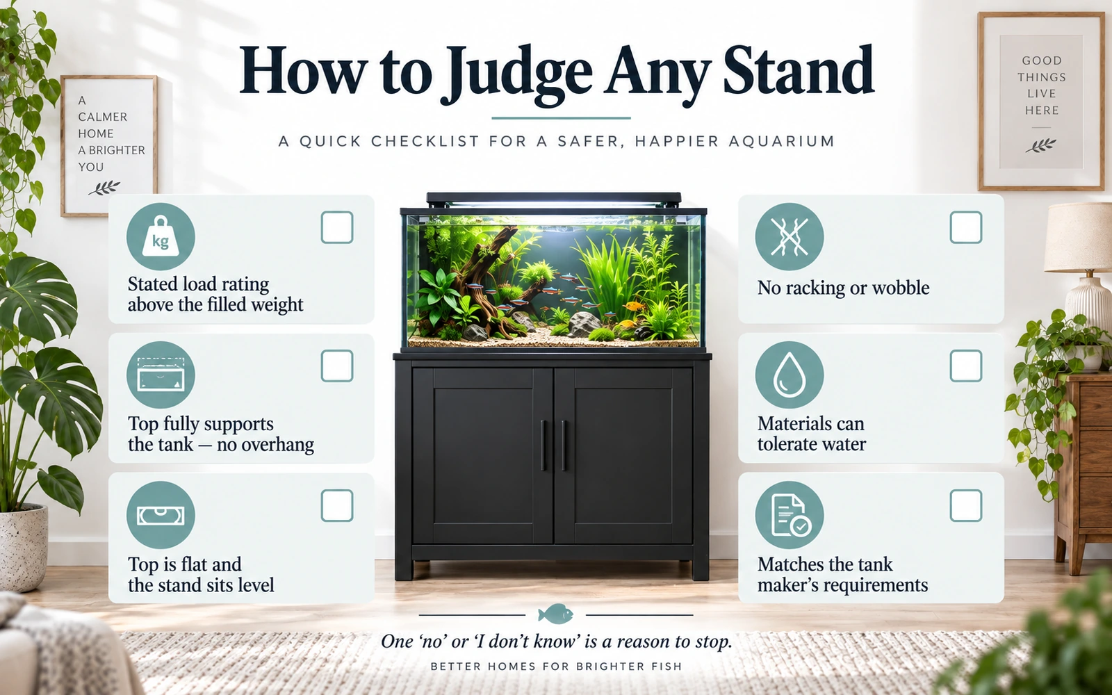Checklist infographic showing how to judge any aquarium stand by rating, full support, level placement, wobble, water tolerance and maker requirements.