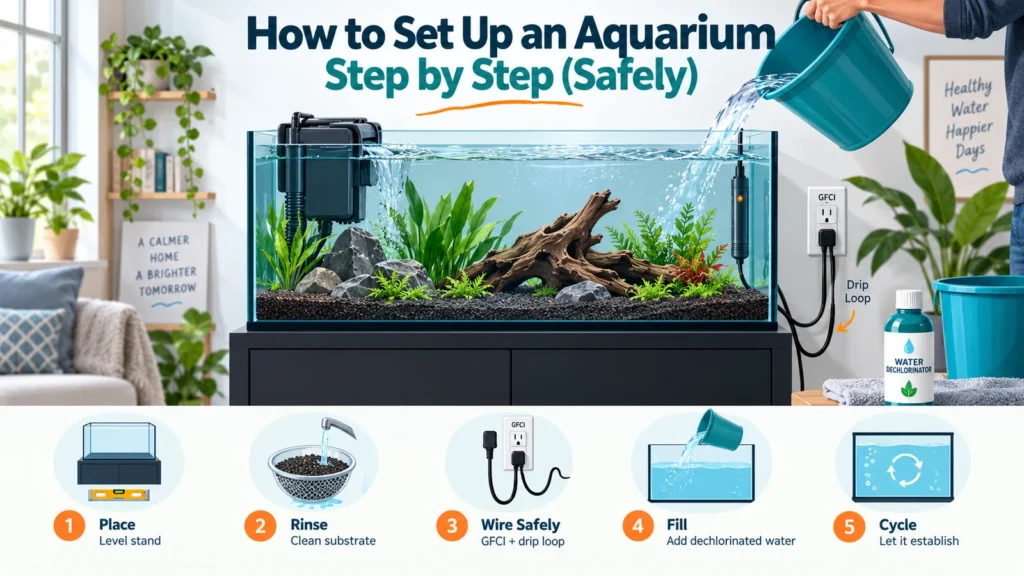 Featured aquarium infographic showing a safe step-by-step beginner setup with stand placement, rinsing, GFCI power, filling and cycling before fish.