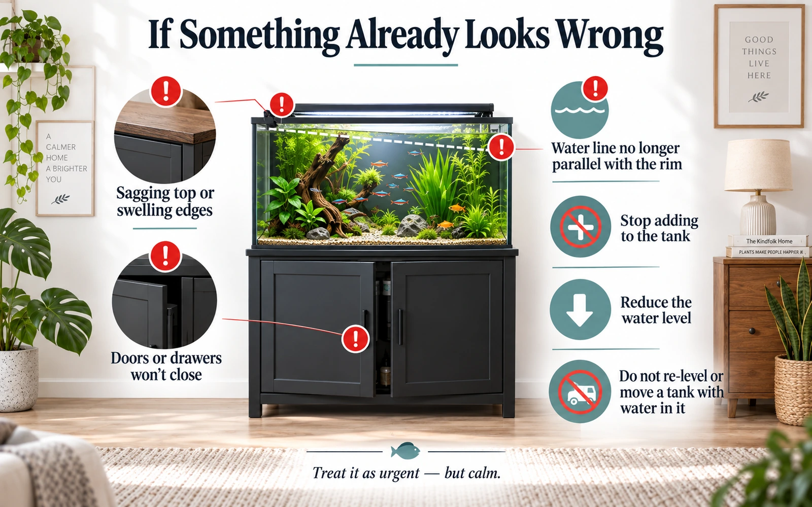 Warning-sign infographic showing sagging stand tops, swollen edges, sticking doors and a tilted water line as urgent signs that an aquarium setup is unsafe.