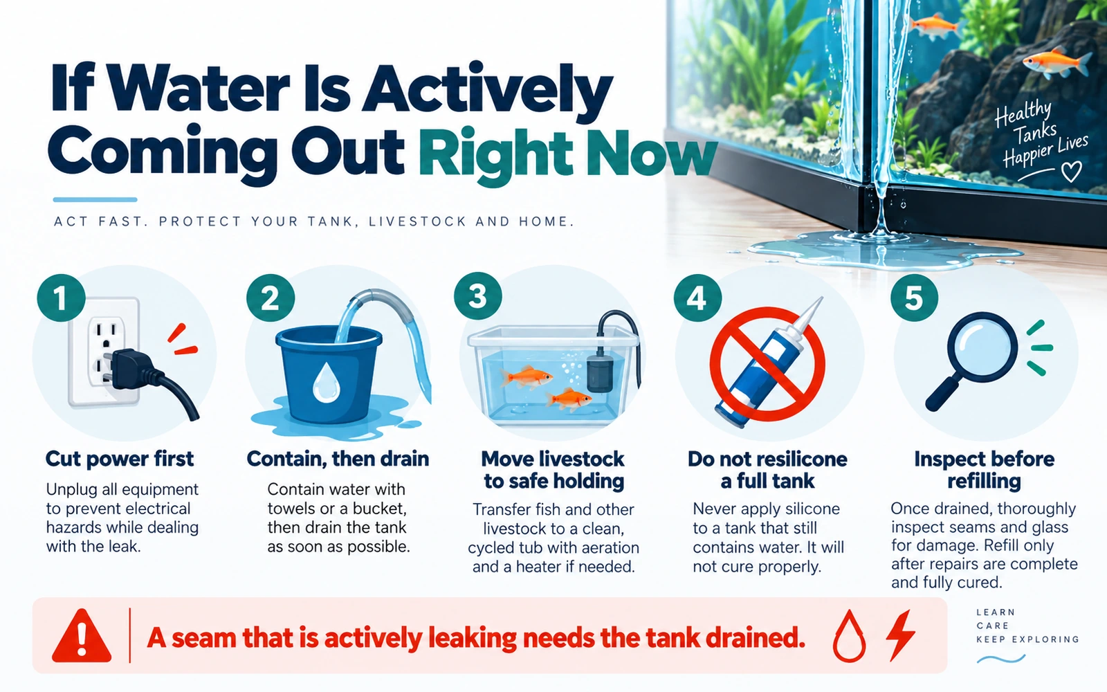 Emergency aquarium leak checklist showing five steps: cut power, contain and drain, move livestock safely, do not reseal a full tank, and inspect before refilling.