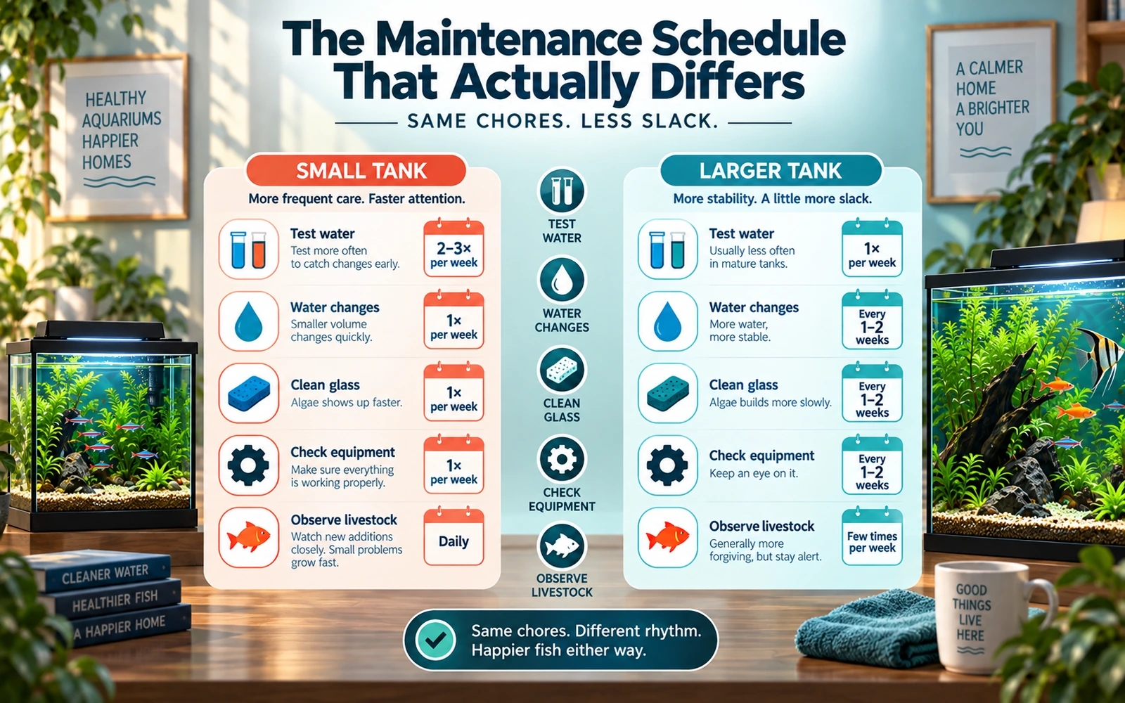 Aquarium maintenance infographic comparing testing, water changes, glass cleaning, equipment checks and livestock observation in small and larger tanks.
