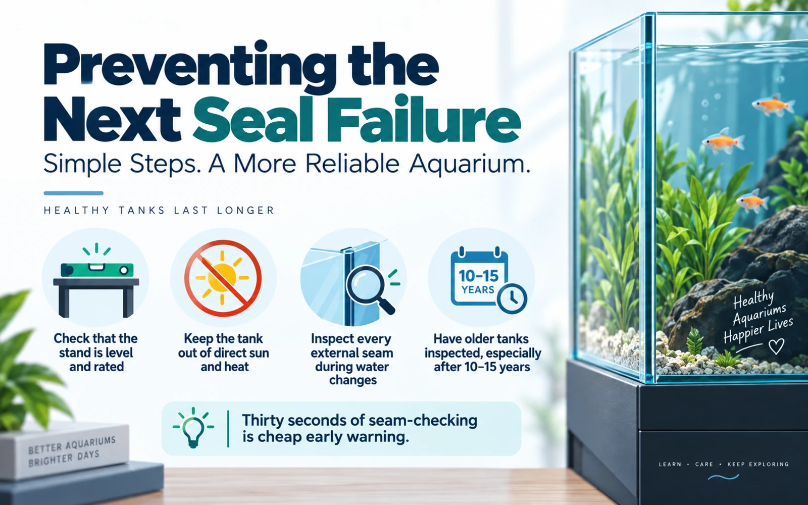 Preventive aquarium seal checklist covering a level rated stand, avoiding direct sun and heat, checking seams during water changes, and inspecting older tanks.