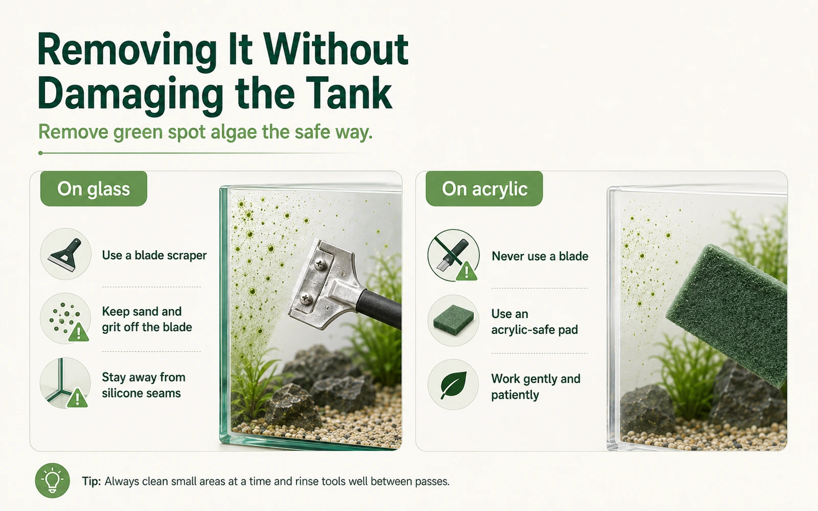 Minimalist aquarium infographic comparing safe green spot algae removal on glass versus acrylic and warning not to use a blade on acrylic.