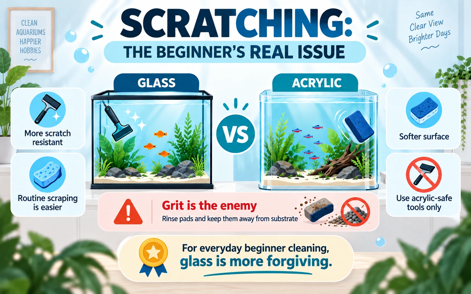 Infographic comparing scratch resistance and cleaning care for glass and acrylic aquariums, with a warning about grit and acrylic-safe tools.