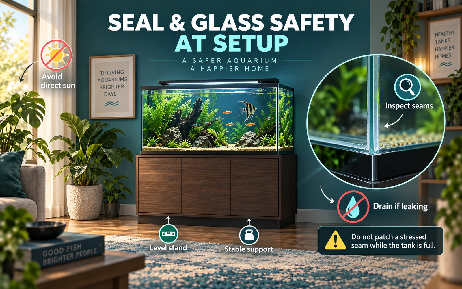 Infographic about aquarium seal and glass safety at setup, including keeping the stand level, using stable support, inspecting seams and draining if leaking.