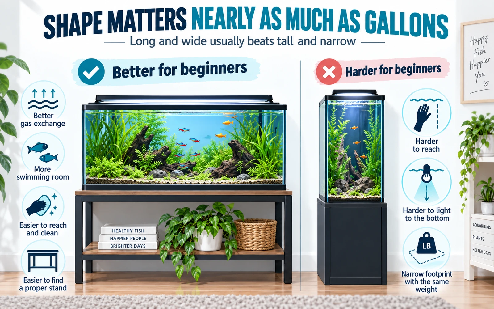 Infographic comparing wider, longer aquariums with taller, narrower tanks for beginner-friendly shape and usability.