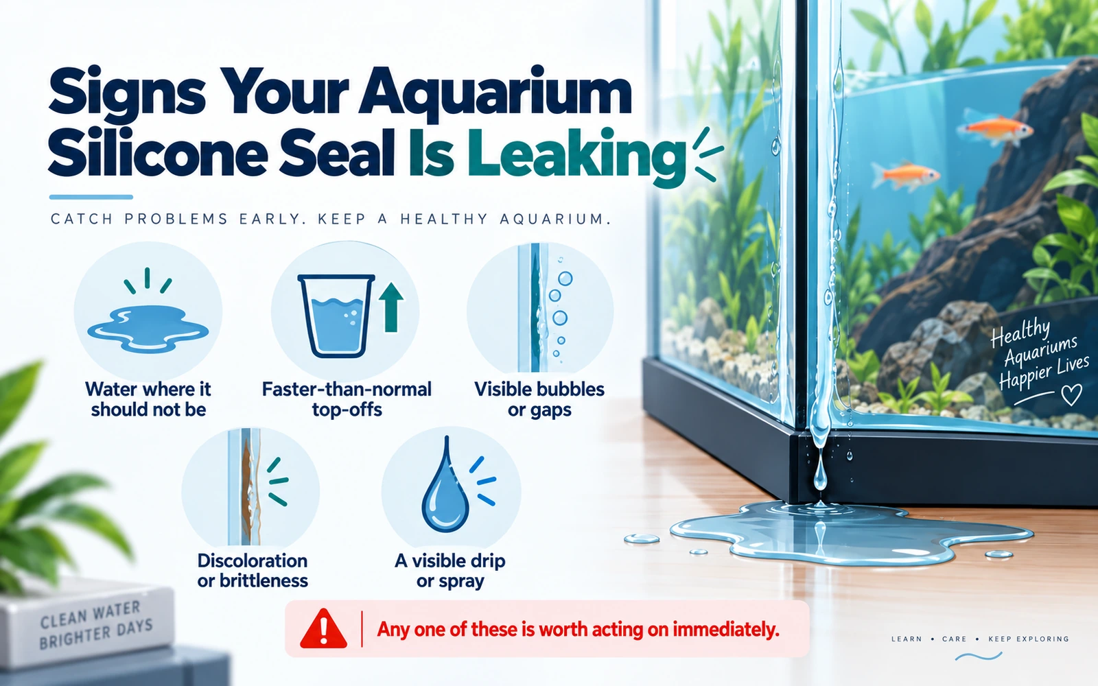 Infographic showing common signs of a leaking aquarium silicone seal: unexplained water, faster top-offs, bubbles or gaps, discoloration or brittleness, and a visible drip or spray.