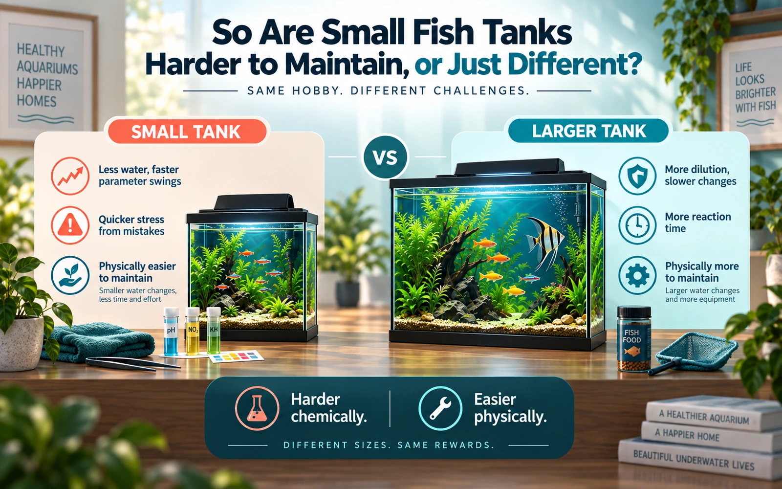 Infographic comparing the different challenges of small and larger aquariums, including faster parameter swings versus greater stability.