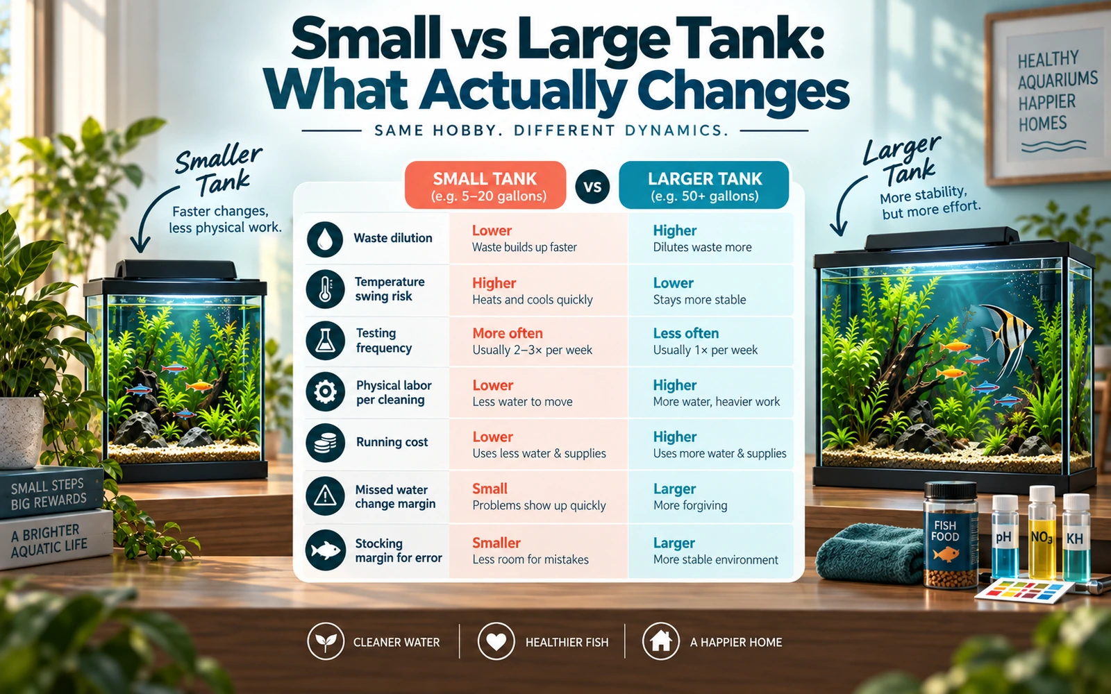 Comparison infographic showing how small and larger aquariums differ in waste dilution, temperature stability, testing frequency, physical labor, running cost and stocking margin.