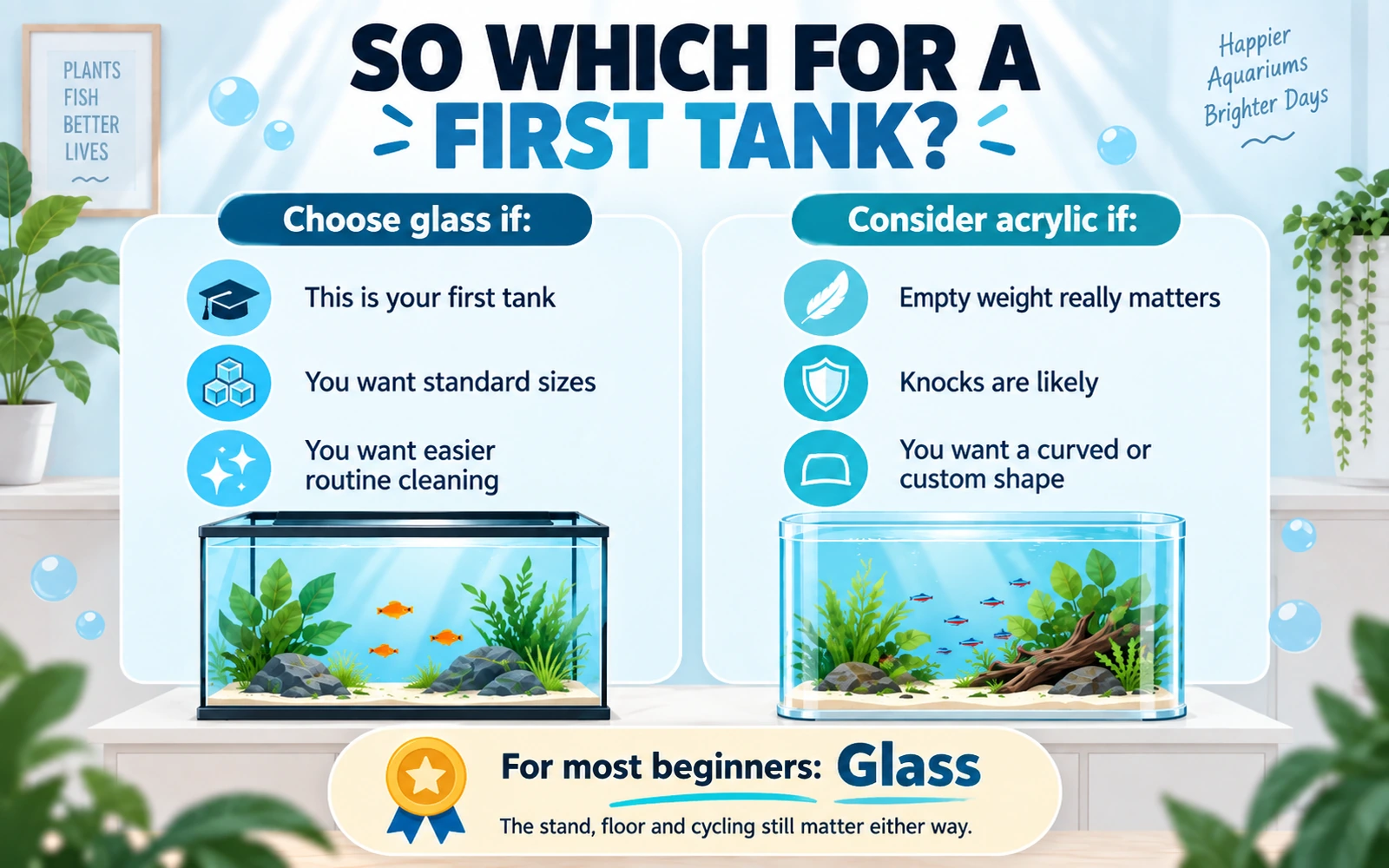 Decision infographic showing when to choose glass and when to consider acrylic for a first aquarium.