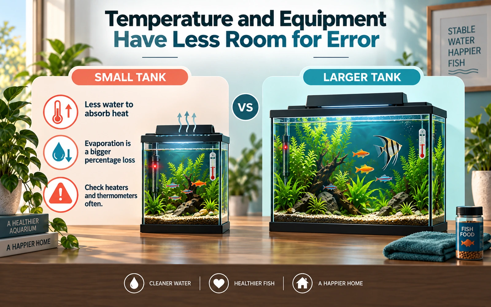 Infographic comparing temperature and equipment risks in small and larger tanks, showing how less water heats, cools and evaporates faster.