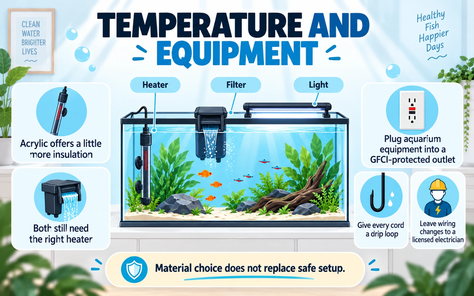 Infographic covering aquarium temperature and equipment safety for glass and acrylic tanks, including heaters, filters, GFCI outlets and drip loops.