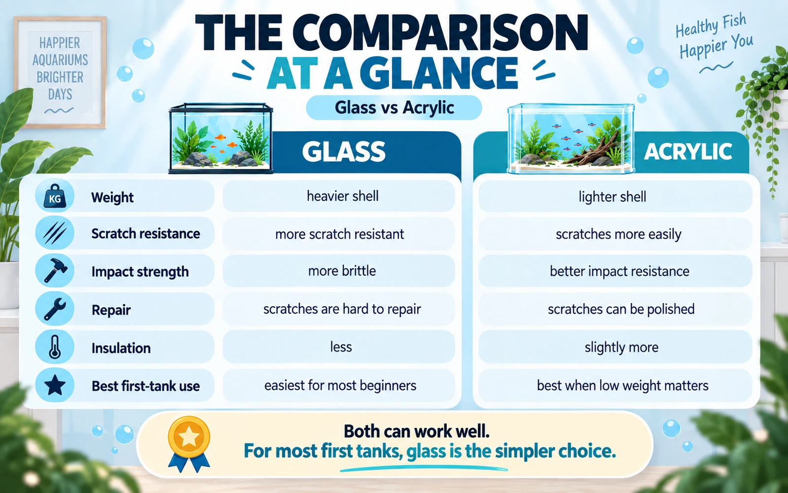 Comparison infographic showing glass and acrylic aquarium differences in weight, scratch resistance, impact strength, repair and insulation.