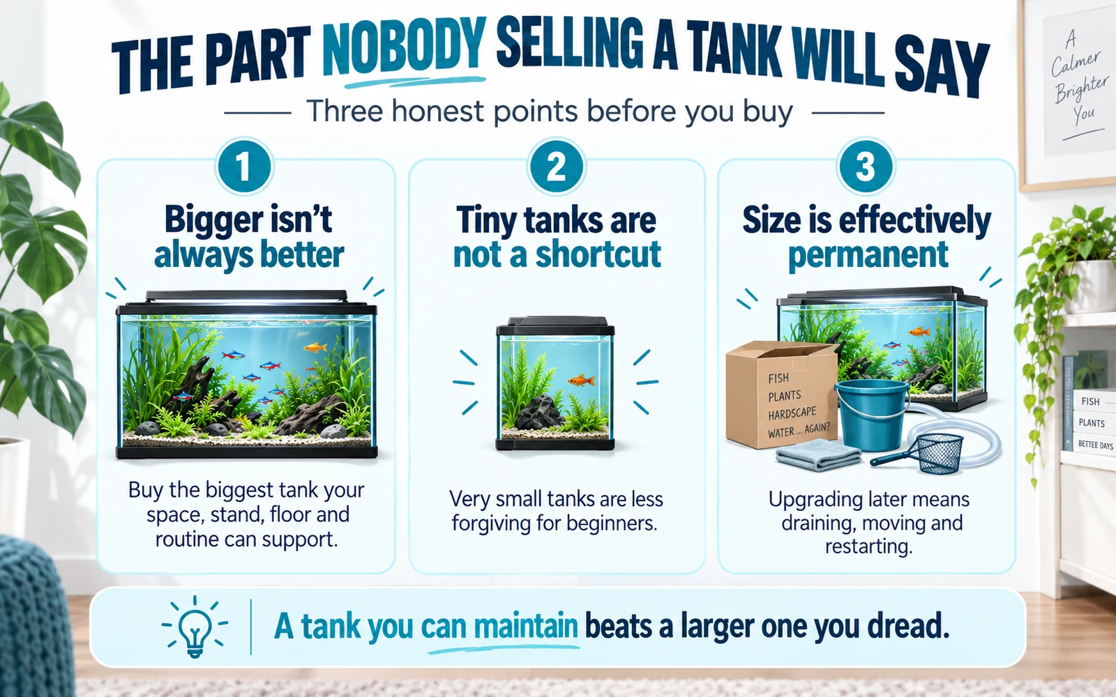 Infographic summarizing three honest buying truths about first aquarium size, maintenance and permanence.