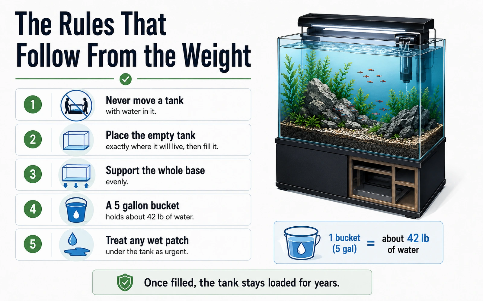 Infographic showing practical rules that follow from aquarium weight, including moving empty, full base support and bucket weight.