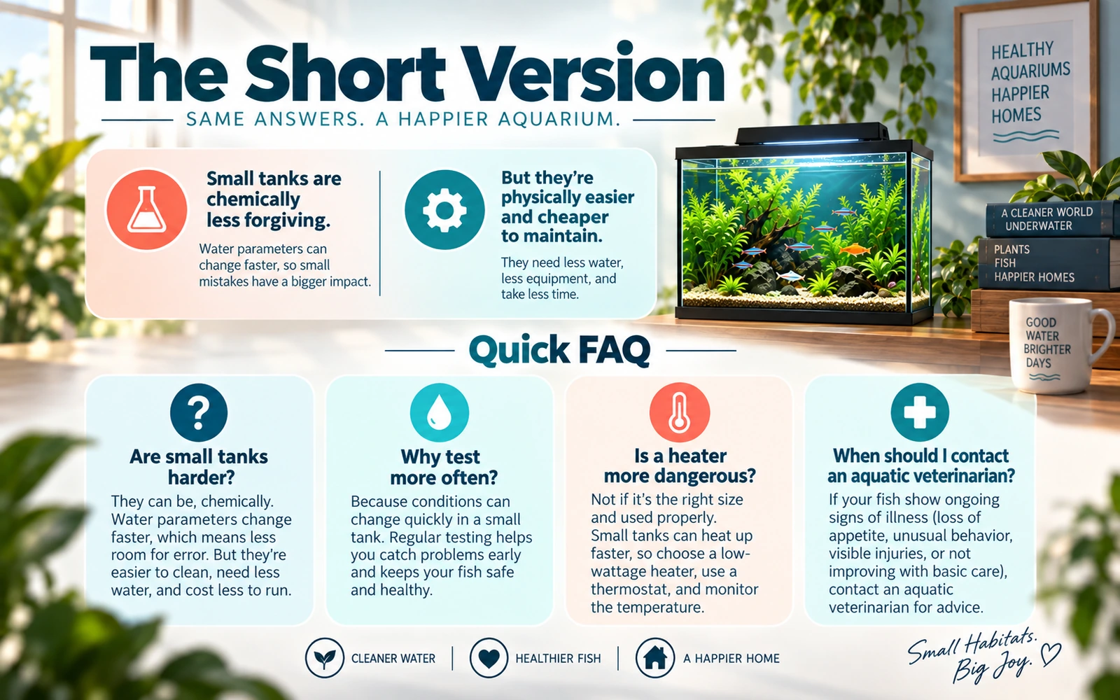 Summary infographic explaining that small tanks are chemically less forgiving but physically easier and cheaper to maintain, with a quick aquarium care FAQ.