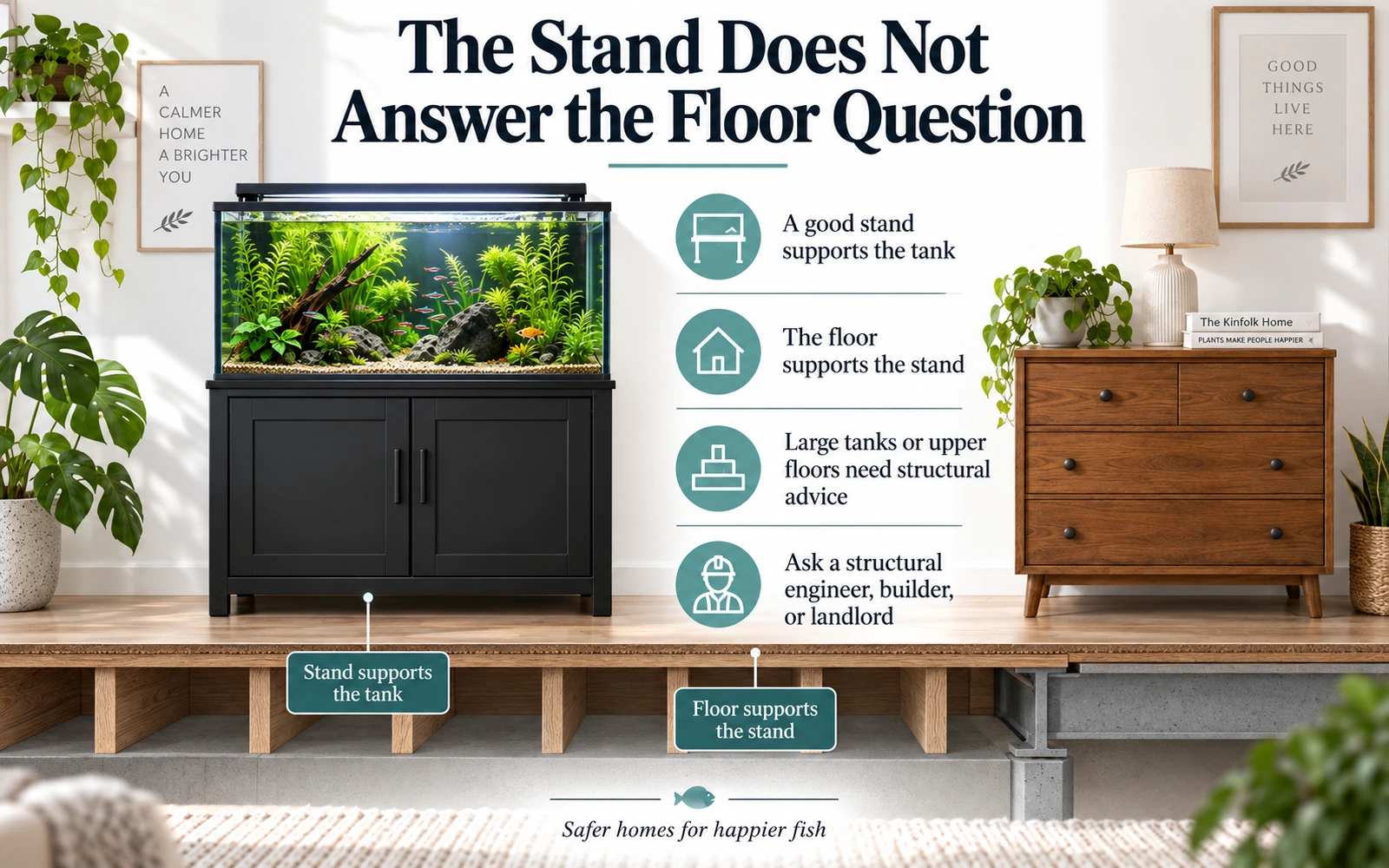 Infographic explaining that a stand supports the tank but the floor supports the stand, so large tanks and upper floors still need structural advice.